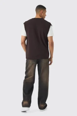 Oversized V Neck Button Through Knitted Vest | BoohooMAN UK