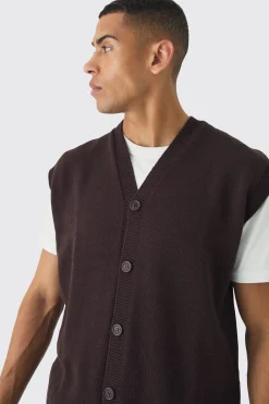 Oversized V Neck Button Through Knitted Vest | BoohooMAN UK