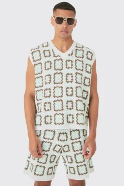 Oversized V Neck Crochet Knitted Tank | BoohooMAN UK