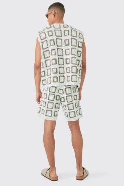 Oversized V Neck Crochet Knitted Tank | BoohooMAN UK