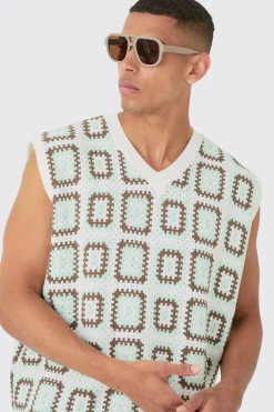 Oversized V Neck Crochet Knitted Tank | BoohooMAN UK