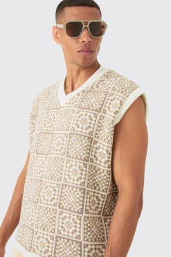 Oversized V Neck Crochet Knitted Tank | BoohooMAN UK