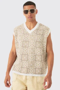 Oversized V Neck Crochet Knitted Tank | BoohooMAN UK