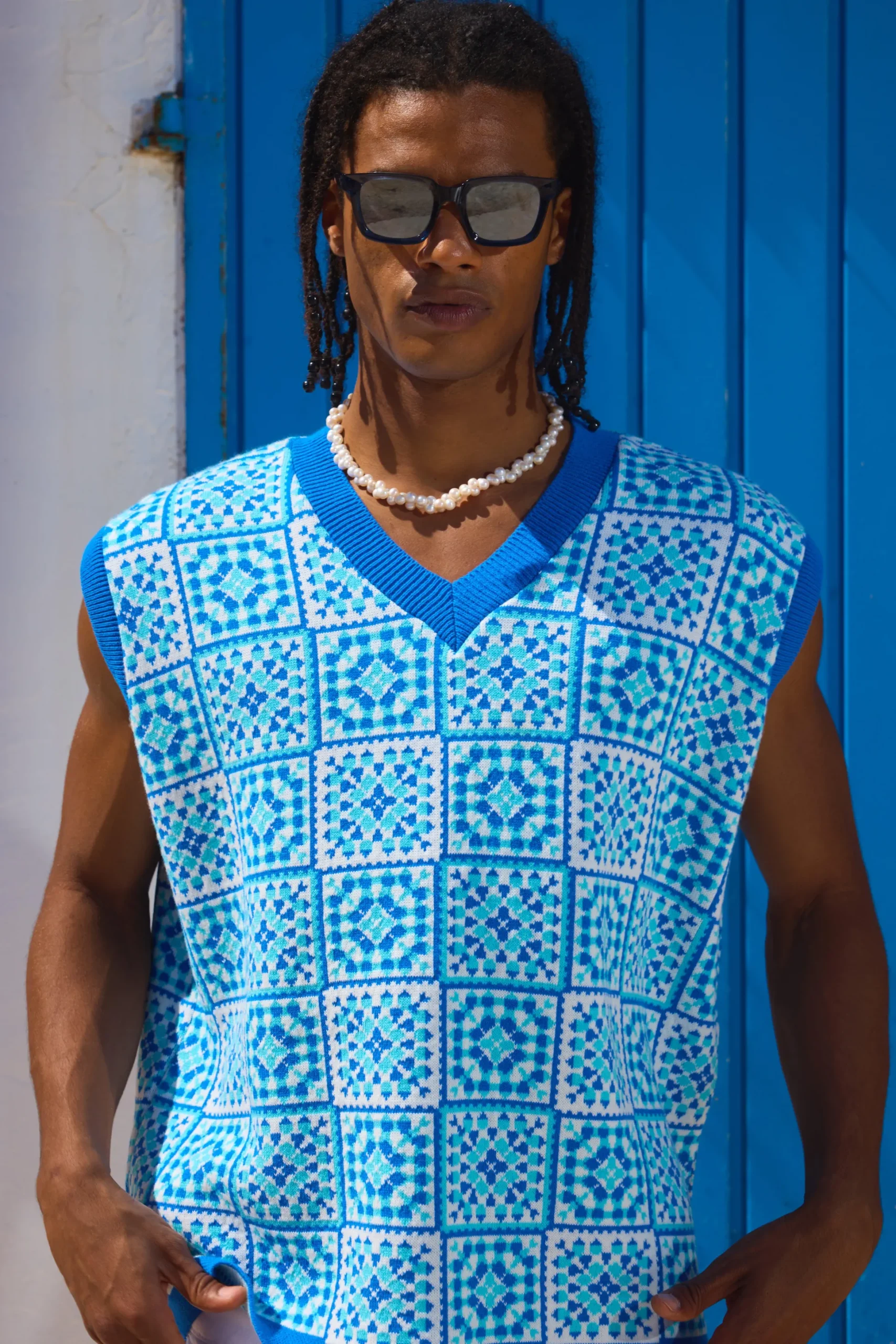 Oversized V Neck Crochet Knitted Tank | BoohooMAN UK