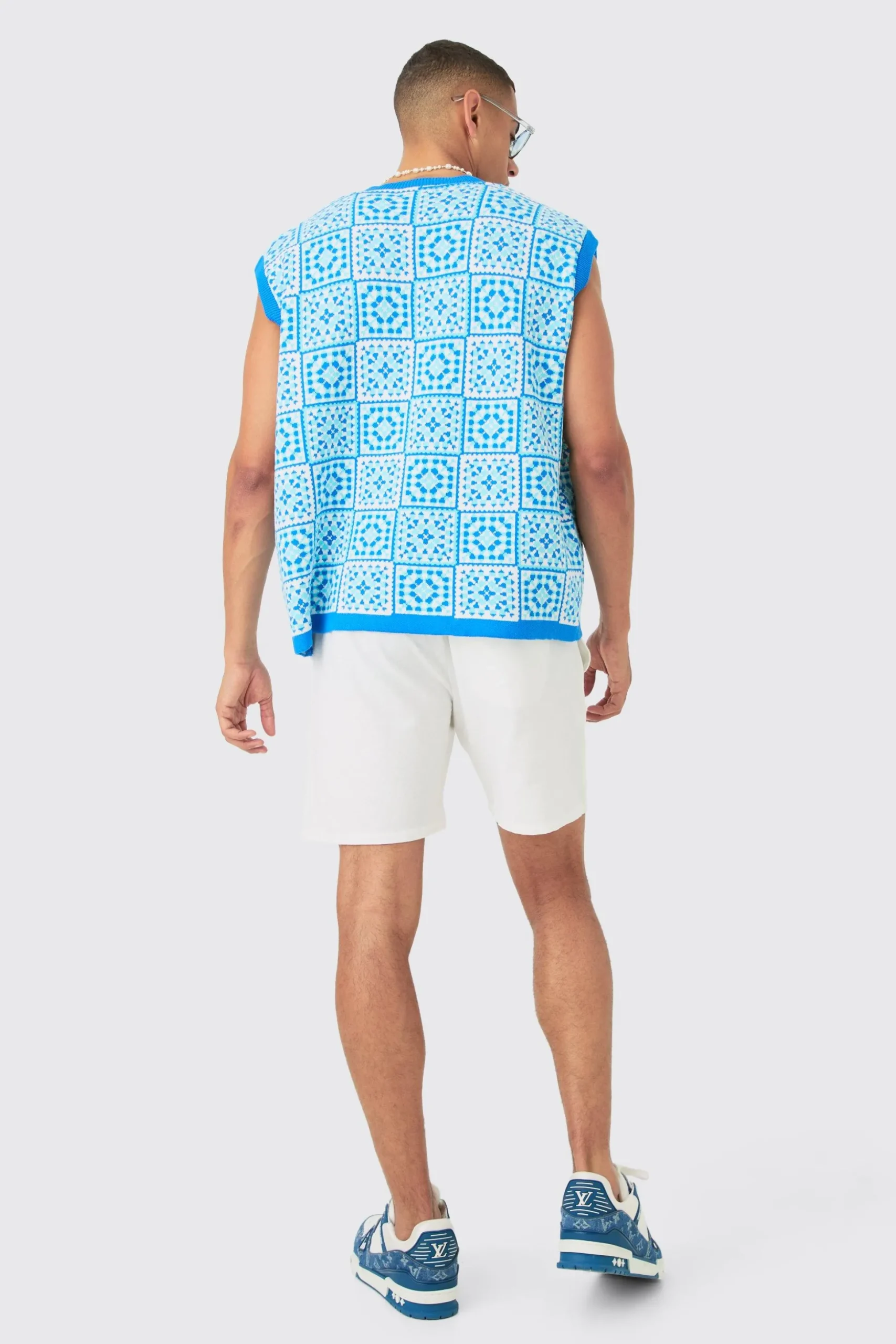 Oversized V Neck Crochet Knitted Tank | BoohooMAN UK