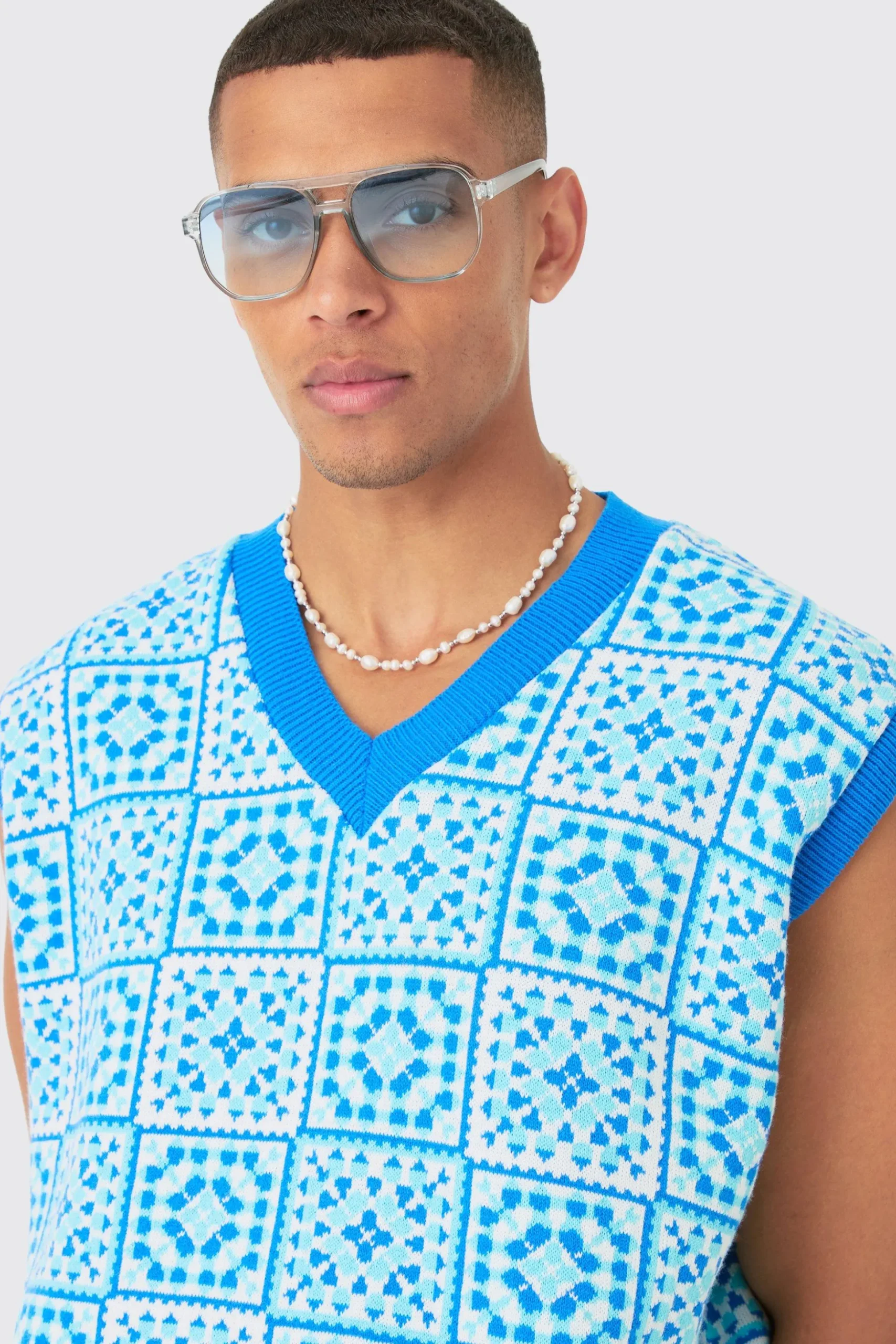 Oversized V Neck Crochet Knitted Tank | BoohooMAN UK