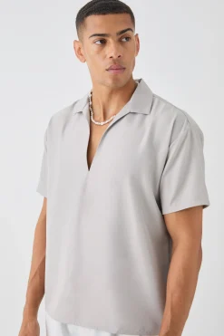 Oversized V Neck Dropped Shoulder Shirt In Off White | BoohooMAN UK