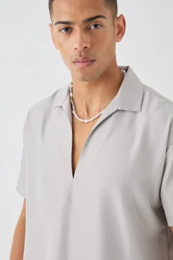 Oversized V Neck Dropped Shoulder Shirt In Off White | BoohooMAN UK