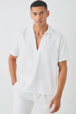 Oversized V Neck Dropped Shoulder Shirt In White | BoohooMAN UK