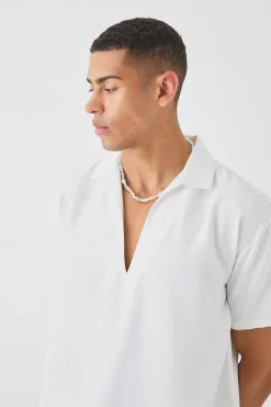 Oversized V Neck Dropped Shoulder Shirt In White | BoohooMAN UK