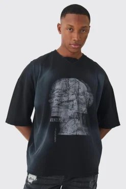 Oversized V Neck Dropped Shoulder Washed & Printed T-shirt | BoohooMAN UK