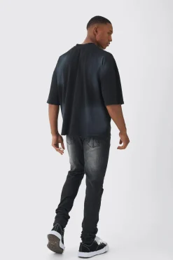 Oversized V Neck Dropped Shoulder Washed & Printed T-shirt | BoohooMAN UK