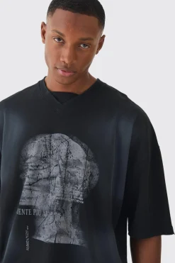 Oversized V Neck Dropped Shoulder Washed & Printed T-shirt | BoohooMAN UK