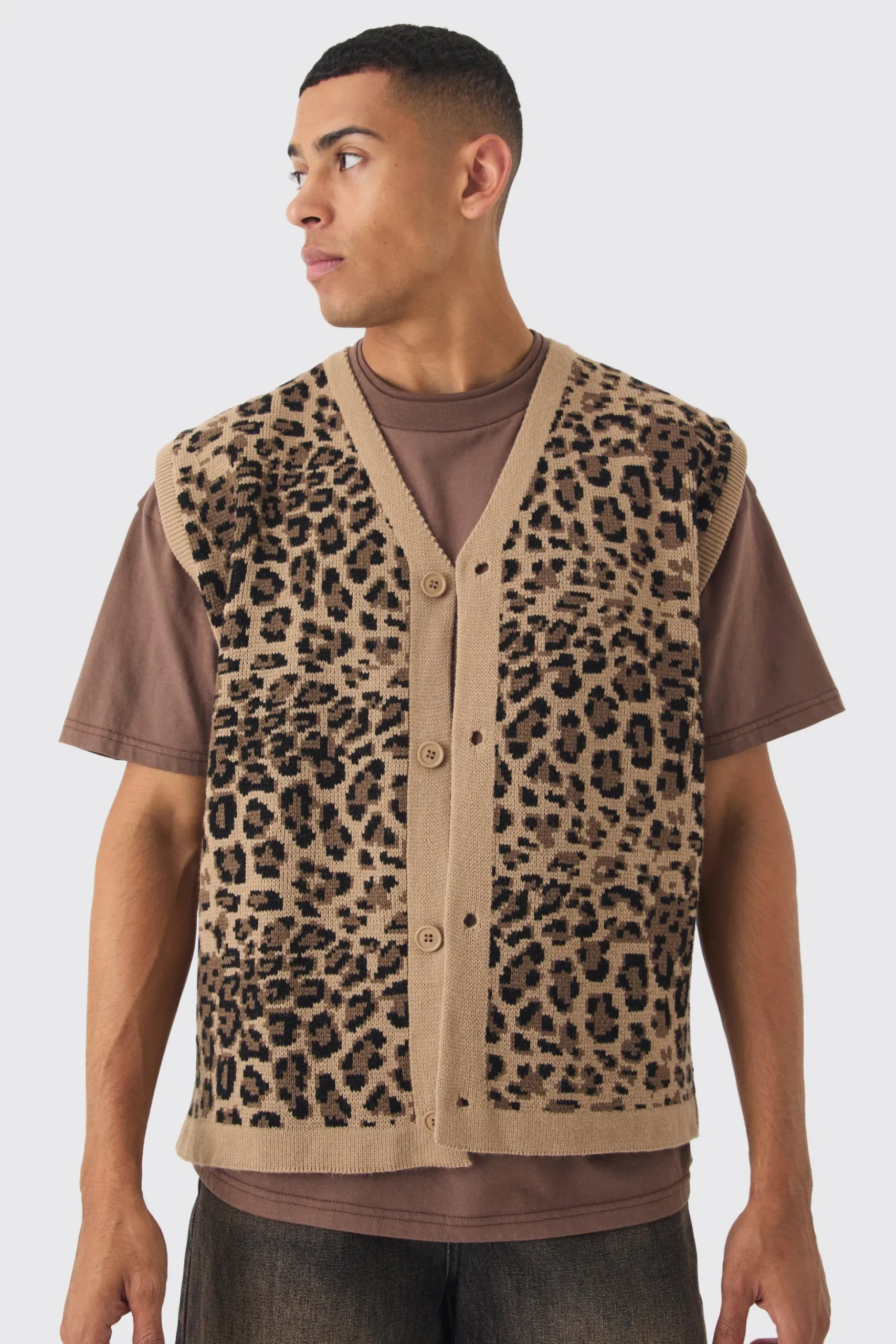 Oversized V Neck Leopard Button Through Knitted Vest | BoohooMAN UK