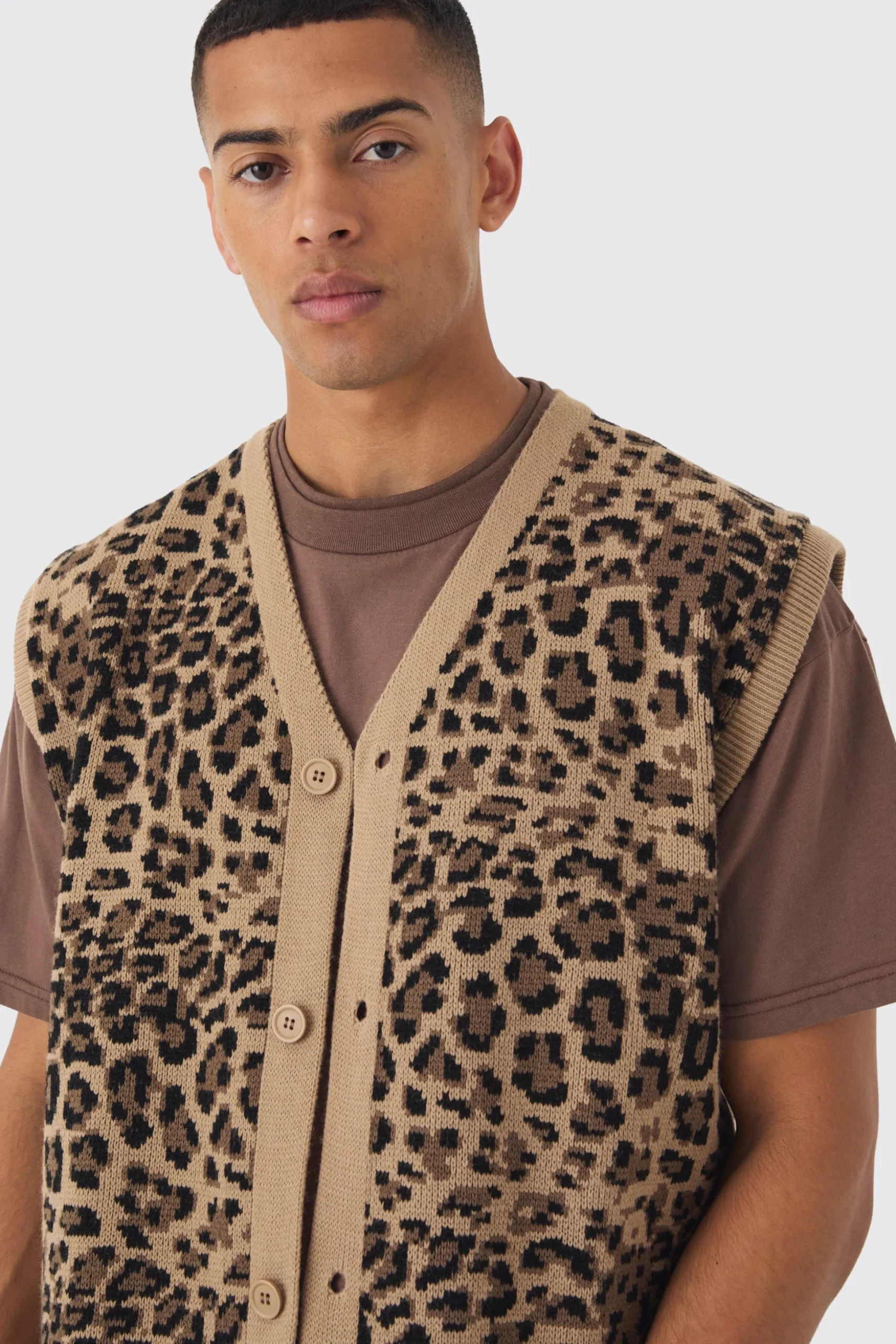 Oversized V Neck Leopard Button Through Knitted Vest | BoohooMAN UK