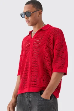 Oversized V Neck Open Stitch Knitted Polo | BoohooMAN UK