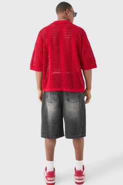 Oversized V Neck Open Stitch Knitted Polo | BoohooMAN UK