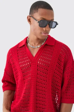 Oversized V Neck Open Stitch Knitted Polo | BoohooMAN UK