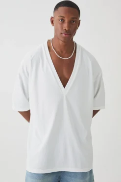 Oversized V Neck Ottoman Rib T-Shirt | BoohooMAN UK