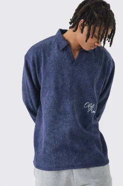 Oversized V Neck Washed Embroidered Rugby Sweatshirt Polo | BoohooMAN UK