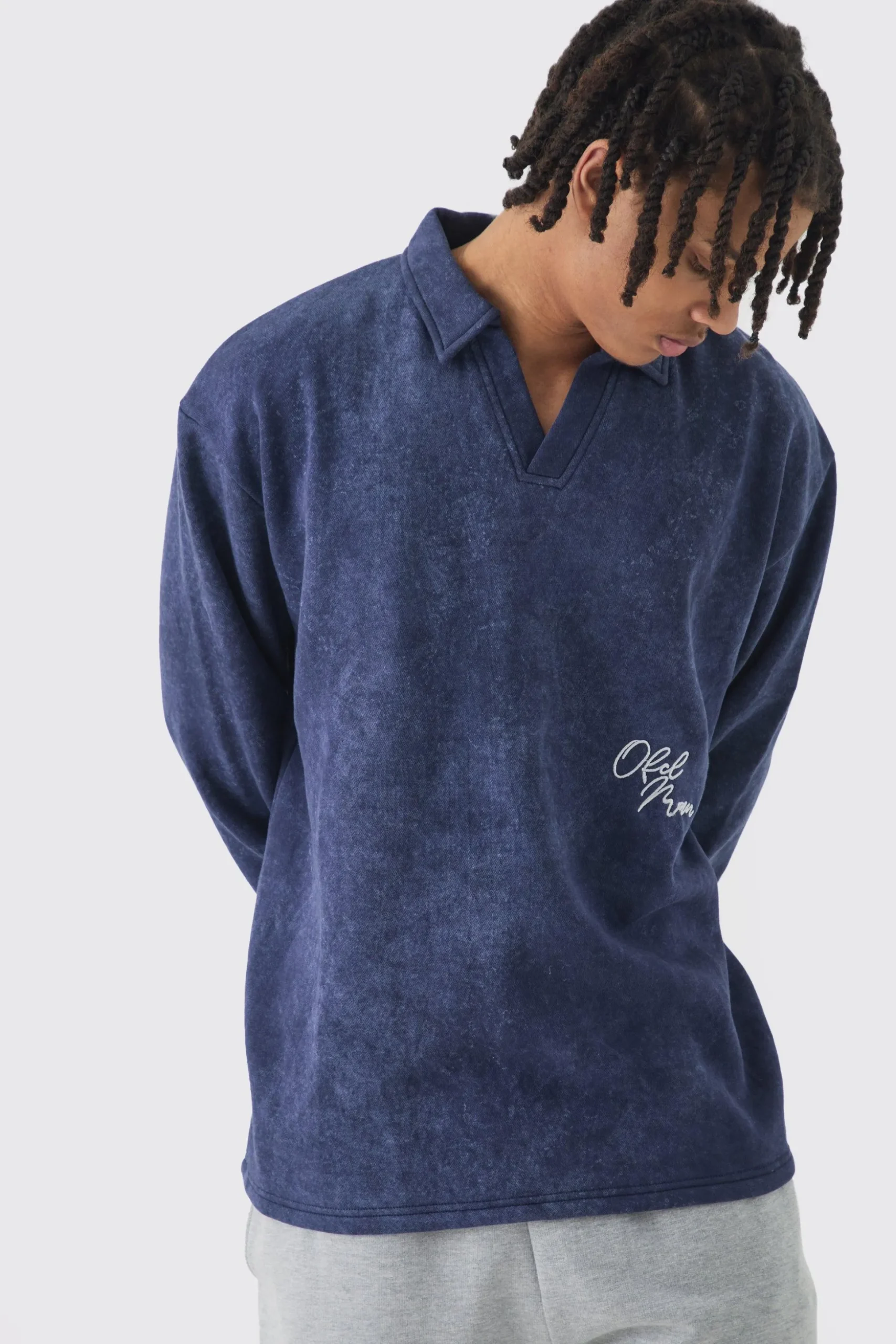 Oversized V Neck Washed Embroidered Rugby Sweatshirt Polo | BoohooMAN UK