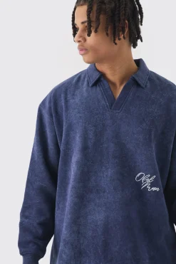 Oversized V Neck Washed Embroidered Rugby Sweatshirt Polo | BoohooMAN UK