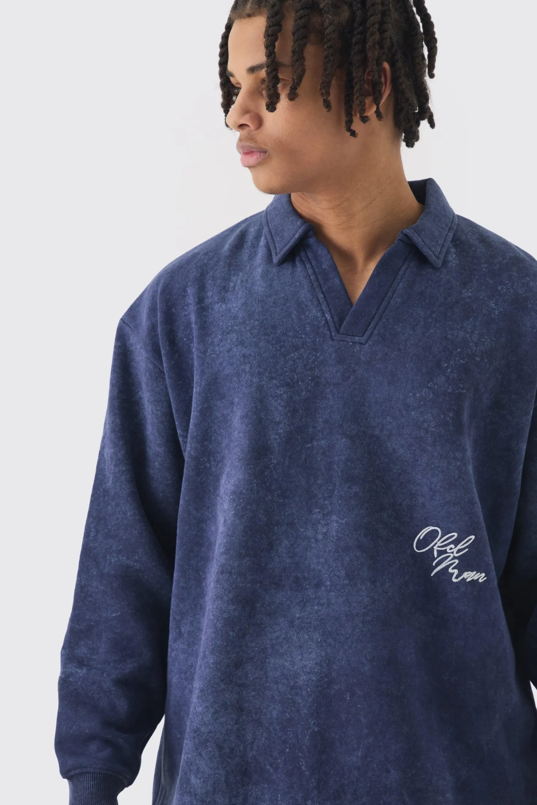 Oversized V Neck Washed Embroidered Rugby Sweatshirt Polo | BoohooMAN UK