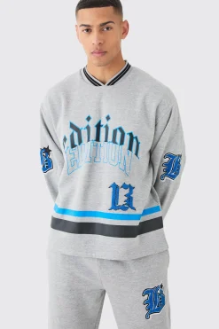 Oversized Varsity Applique V Neck Sweatshirt Tracksuit | BoohooMAN UK