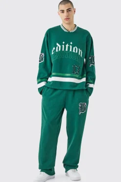 Oversized Varsity Applique V Neck Sweatshirt Tracksuit | BoohooMAN UK