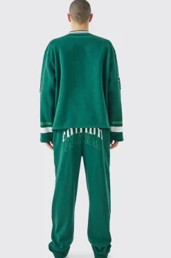 Oversized Varsity Applique V Neck Sweatshirt Tracksuit | BoohooMAN UK