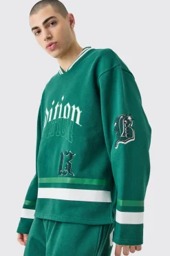 Oversized Varsity Applique V Neck Sweatshirt Tracksuit | BoohooMAN UK