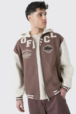 Oversized Varsity Applique Jersey Hooded Jacket | BoohooMAN UK