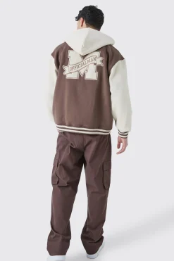 Oversized Varsity Applique Jersey Hooded Jacket | BoohooMAN UK