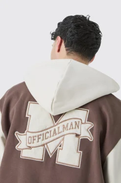 Oversized Varsity Applique Jersey Hooded Jacket | BoohooMAN UK
