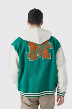 Oversized Varsity Applique Jersey Hooded Jacket | BoohooMAN UK