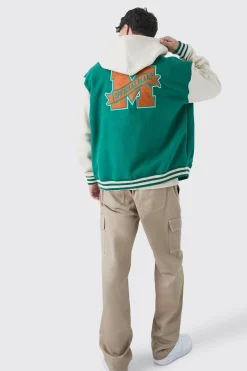 Oversized Varsity Applique Jersey Hooded Jacket | BoohooMAN UK