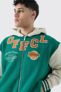 Oversized Varsity Applique Jersey Hooded Jacket | BoohooMAN UK
