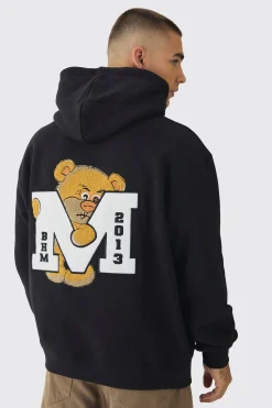 Oversized Varsity Applique Bear Hoodie | BoohooMAN UK