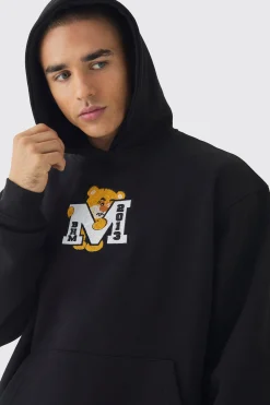 Oversized Varsity Applique Bear Hoodie | BoohooMAN UK