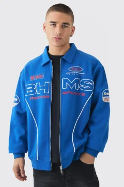 Oversized Varsity BHMS Embroidered Jersey Bomber Jacket | BoohooMAN UK