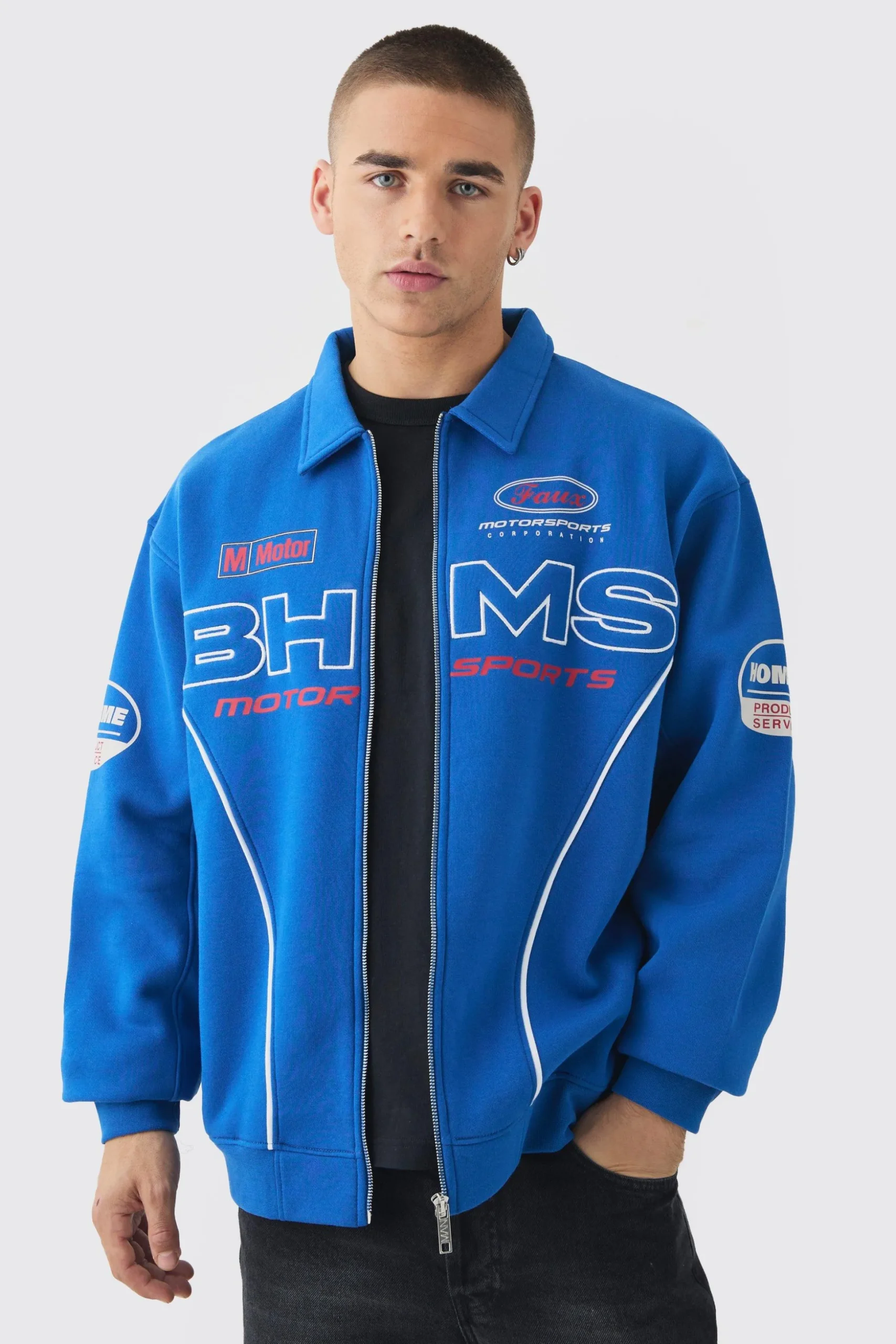 Oversized Varsity BHMS Embroidered Jersey Bomber Jacket | BoohooMAN UK