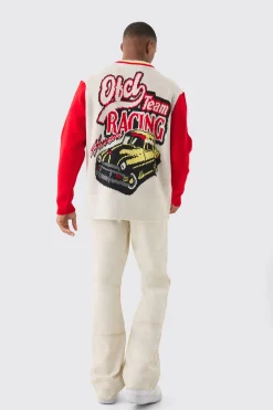 Oversized Varsity Knitted Bomber In Ecru | BoohooMAN UK