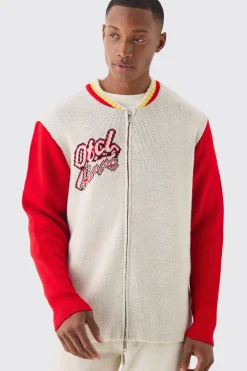 Oversized Varsity Knitted Bomber In Ecru | BoohooMAN UK