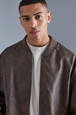 Oversized Vintage Cracked Pu Raglan Bomber | BoohooMAN UK