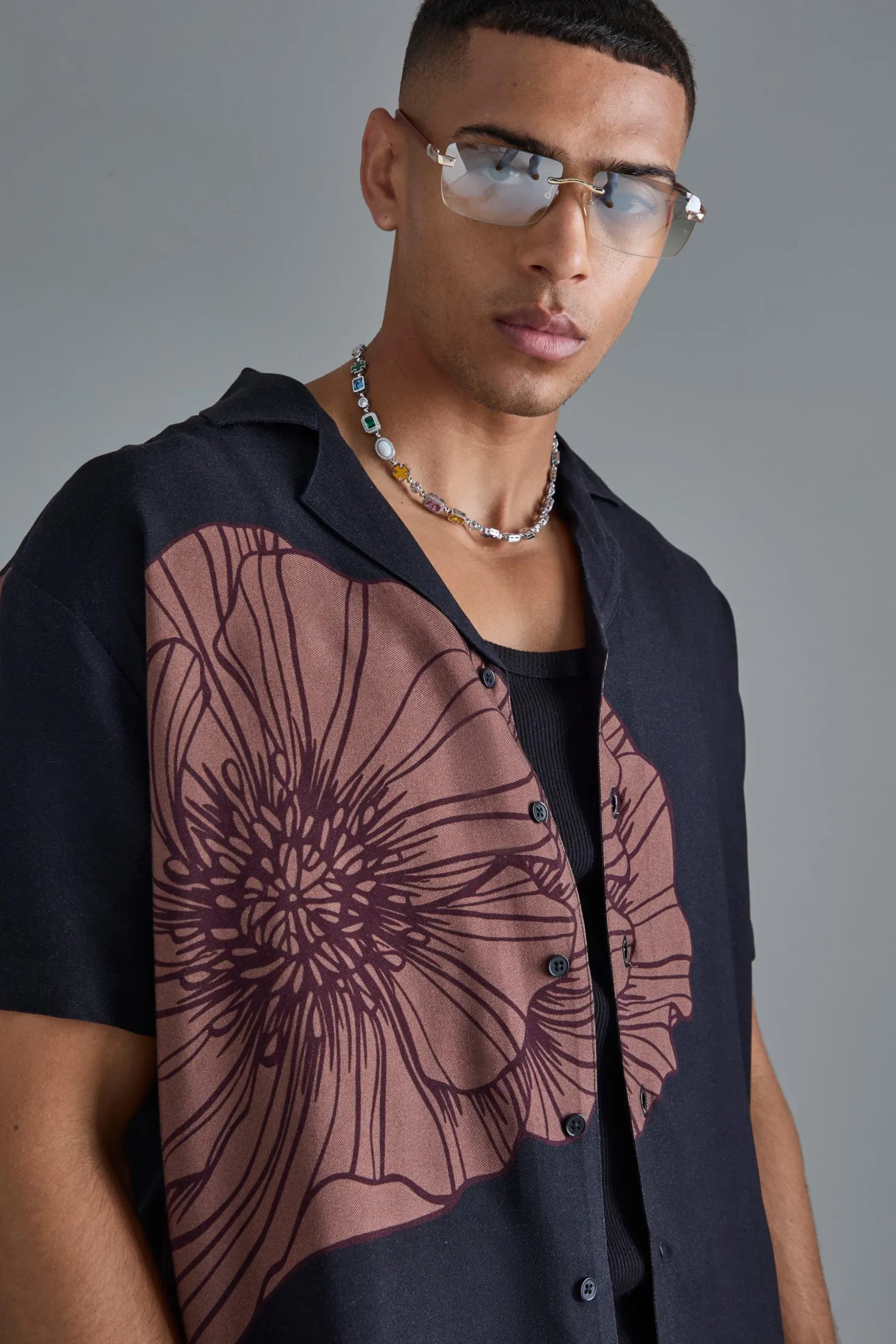 Oversized Viscose Placement Floral Shirt | BoohooMAN UK
