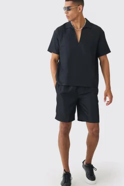 Oversized V-neck Soft Twill Shirt & Short Set | BoohooMAN UK