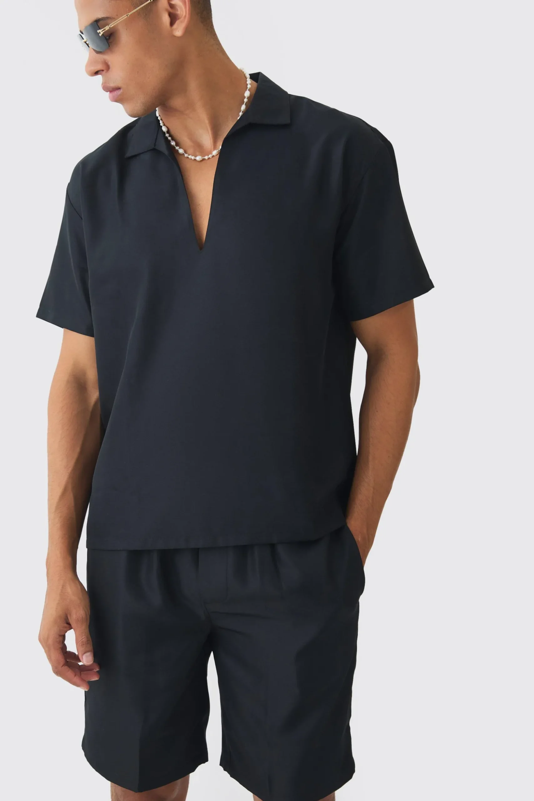 Oversized V-neck Soft Twill Shirt & Short Set | BoohooMAN UK