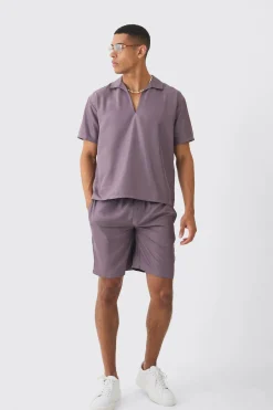 Oversized V-neck Soft Twill Shirt & Short Set | BoohooMAN UK