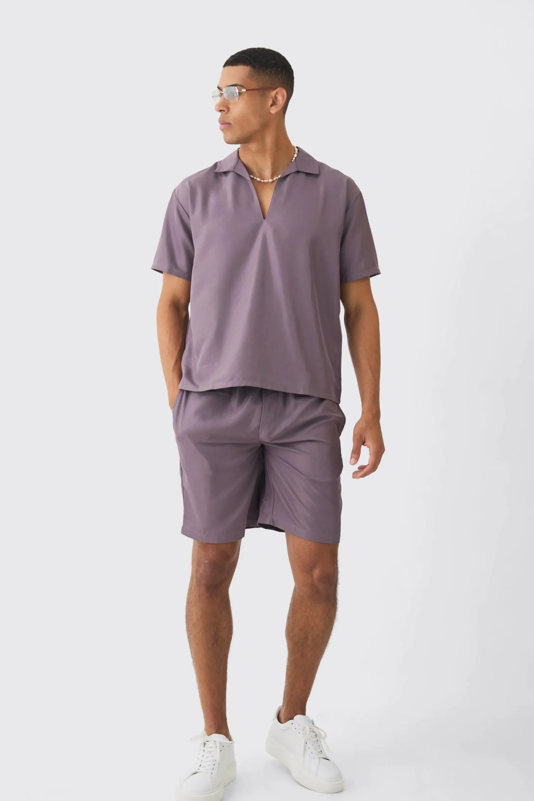 Oversized V-neck Soft Twill Shirt & Short Set | BoohooMAN UK