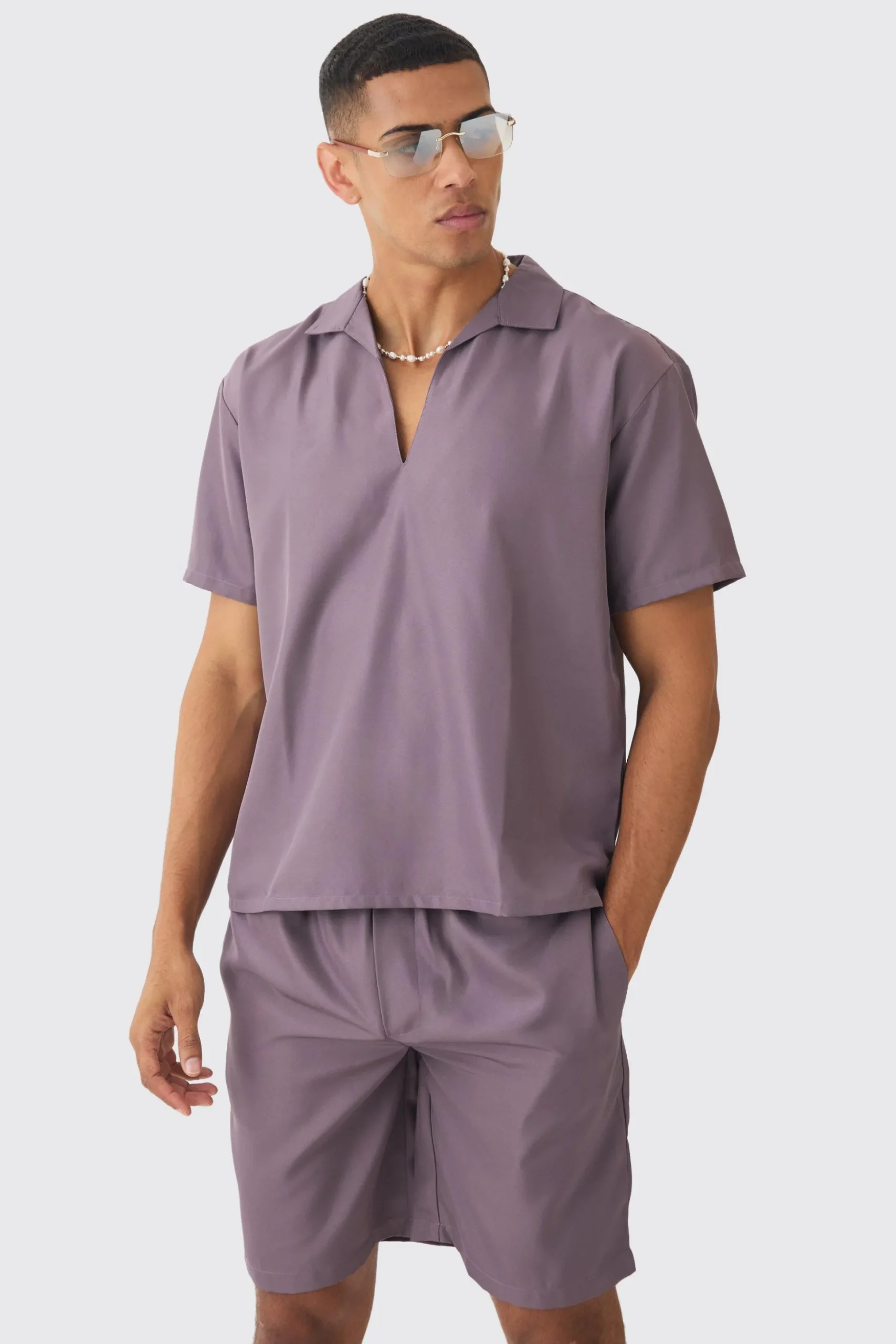 Oversized V-neck Soft Twill Shirt & Short Set | BoohooMAN UK